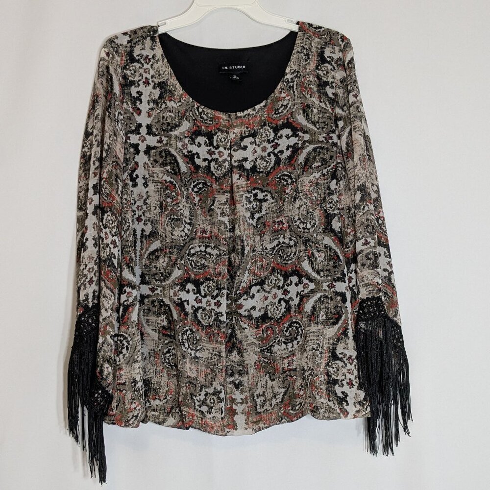I.N. STUDIO Beige/Red/Black Lined Chiffon Pullover Top; Fringe; Size XL